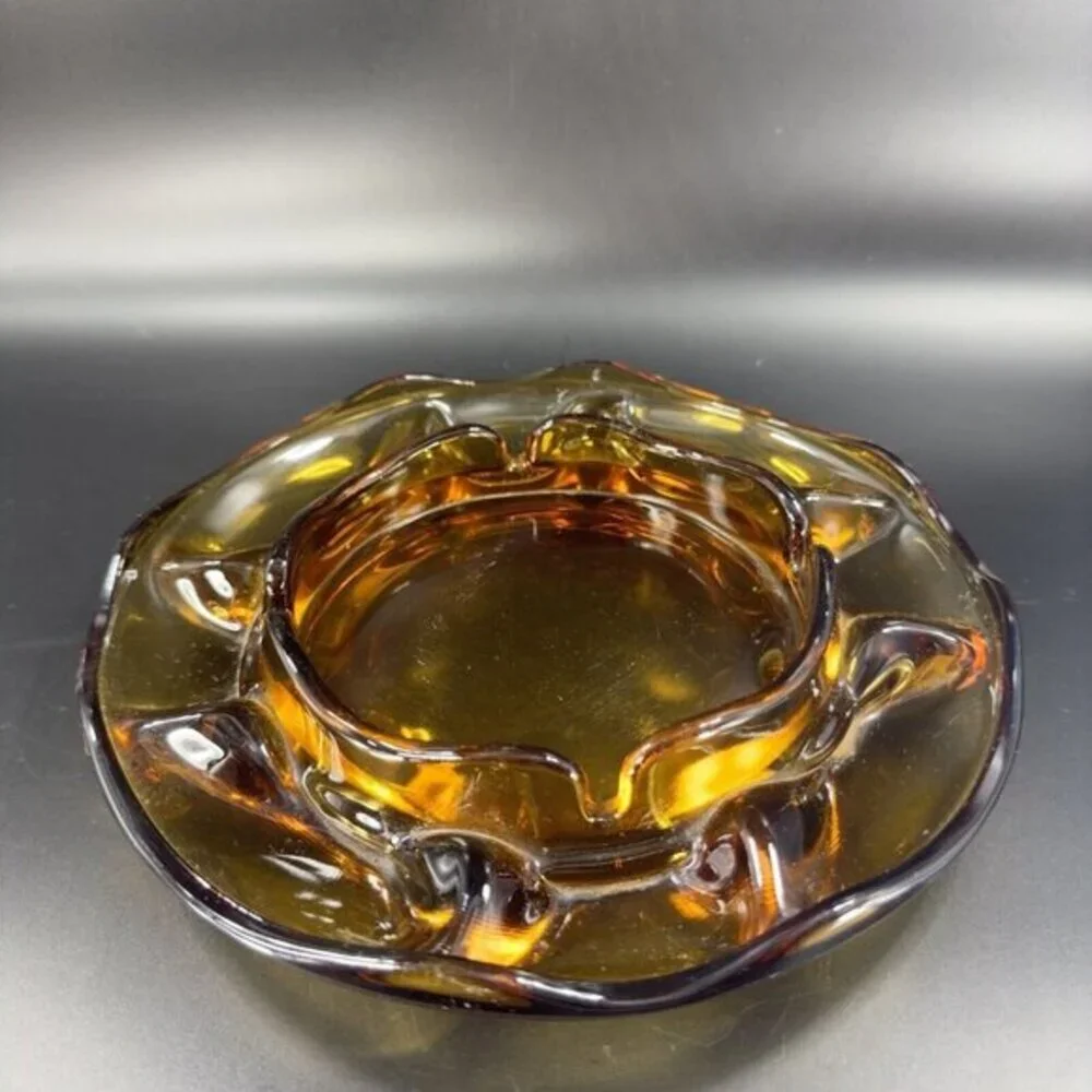 1960s Vintage Amber‎ Glass Ashtray Dish Wavy Edges Vintage Glass Decor 8 In Wide